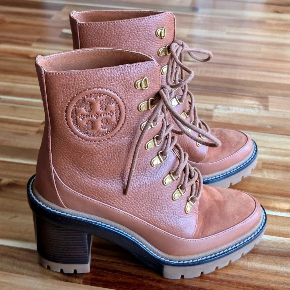 Tory Burch Miller Lug Sole Ankle Boots Brown Pebbled Leather Tan‎ Size 7.5